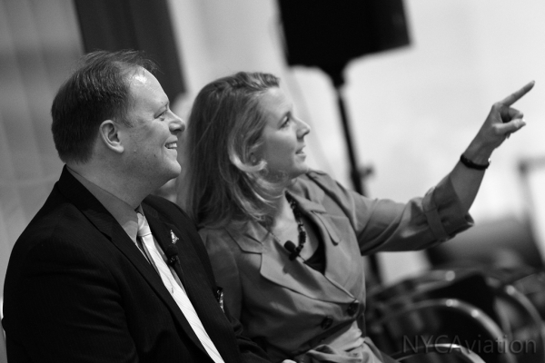 Boeing manager Kevin Roundhill and deputy program manager Elizabeth Lund take questions