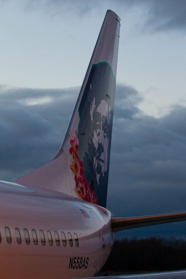 Famous Native Alaskan on Alaska Airlines planes wears a lei in honor of the new Hawaii flights.