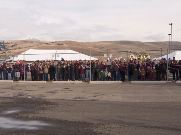 A large crowd of students gathers to show their school pride