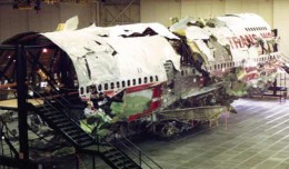 The wreckage of the Boeing 747-100 that operated TWA Flight 800 was reconstructed in a hangar. (Photo by NTSB)