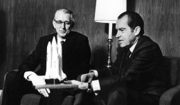 President Richard M. Nixon and Dr. James C. Fletcher, NASA Administrator, discuss the proposed Space Shuttle vehicle in San Clemente, California, on January 5, 1972. (Photo by NASA)