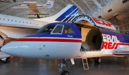 The first FedEx aircraft to carry a package, a Dassault Falcon 20 (N8FE), on display at the Smithsonian National Air and Space Museum's Steven F. Udvar-Hazy Center. (Photo by Christopher Owens)