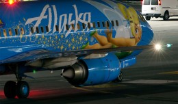 Tinkerbell actually twinkles as the Alaska Airlines Magic of Disneyland 737-400 taxis at LAX