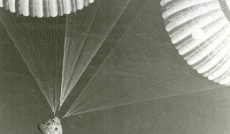 The Apollo 17 spacecraft, containing astronauts Eugene A. Cernan, Ronald E. Evans, and Harrison H. Schmitt, glided to a safe splashdown at 2:25 p.m. EST on Dec. 19, 1972, 648 kilometers (350 nautical miles) southeast of American Samoa. The astronauts were flown by recovery helicopter to the U.S.S. Ticonderoga slightly less than an hour after the completion of NASA's sixth and last manned lunar landing in the Apollo program. (Photo by NASA)