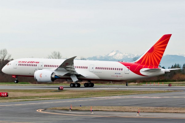 A Boeing 787-8 Dreamliner for Air India has been painted in the airline's distinctive white and red livery