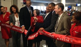 Ribbon cutting for the inaugural flight from LaGuardia to Miami. (Photo by Matt Molnar)