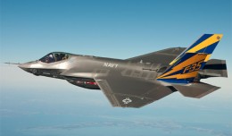 The US Navy variant of the F-35 Joint Strike Fighter, the F-35C, conducts a test flight over the Chesapeake Bay. (Photo by US Navy)