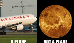 An Air Canada Boeing 767-300ER (C-GEOQ) seen lifting off from Montreal (left: Photo by Gordon Gebert Jr.). A radar image of Venus from the Magellan spacecraft. (right: Image by NASA)