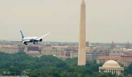 Boeing 787-8 passes the Washington Monument and Jefferson Memorial on the River Visual approach to Reagan National Airport's Runway 19. (Photo by Boeing)