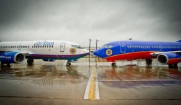 Southwest and AirTran Boeing 737s nose to nose. (Photo by Southwest Airlines)
