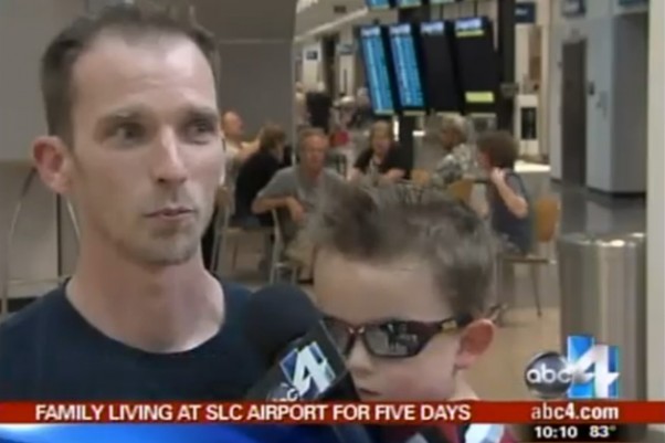 Curtis Saxton was stranded in Salt Lake City with his wife and two children. (Screengrab via ABC4)