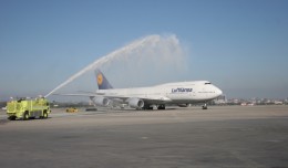 Lufthansa's first 747-8I service to Los Angeles gets a water cannon salute. (Photo by Stephen Shrank/NYCAviation)